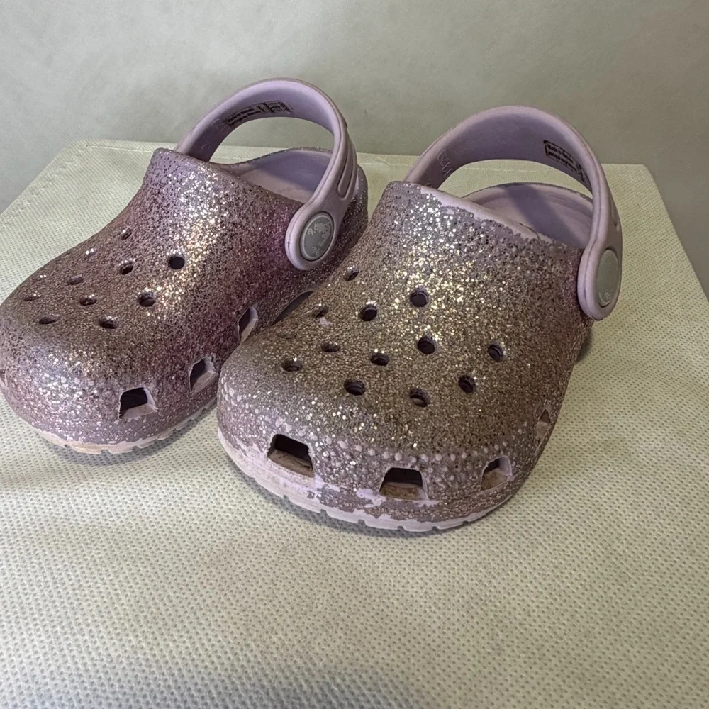 Crocs Kids Classic Glitter Clogs Purple Sparkle C5 Toddler Slip On